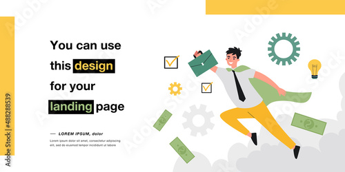 Motivated employee flying in sky like superhero. Happy businessman striving for business success. Goal achievement, innovation, breakthrough concept. Cartoon flat vector illustration.