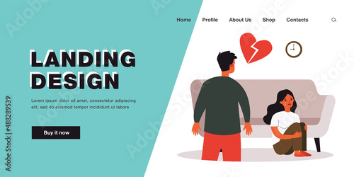 Woman sitting on floor with broken heart and crying. Conflict of unhappy couple flat vector illustration. End of love and relationship, divorce concept for banner, website design or landing web page