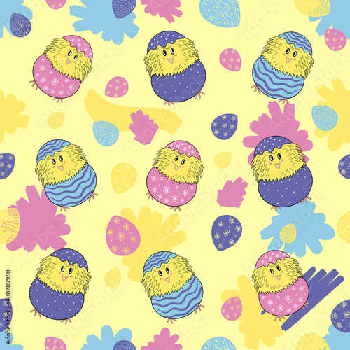 Chickens in pink, blue and lilac shells and Easter eggs on a yellow background. Easter seamless pattern.