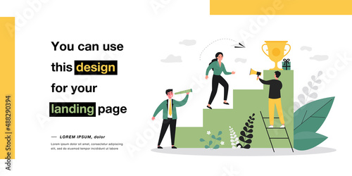 Female leader climbing up career ladder to golden cup. Corporate people working in team, achieving success, progress in challenge. Leadership concept for banner, website design or landing web page