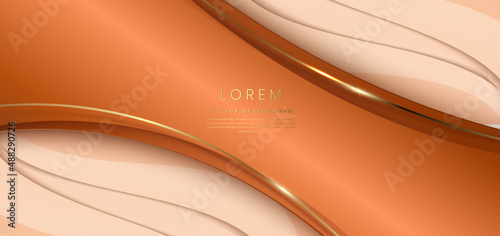 Abstract 3d light brown background with gold lines curved wavy sparkle with copy space for text. Luxury style template design.