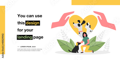 Adopted pets in human heart. Woman loving dog, adopting homeless puppy flat vector illustration. Adoption, love to animals and charity care concept for banner, website design or landing web page