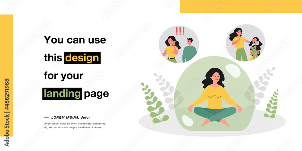 Female character relieving stress by meditating inside bubble. Woman relaxing after dealing with jealous husband and sad kid flat vector illustration. Meditation, mental health concept for banner