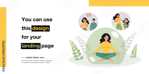 Female character relieving stress by meditating inside bubble. Woman relaxing after dealing with jealous husband and sad kid flat vector illustration. Meditation  mental health concept for banner