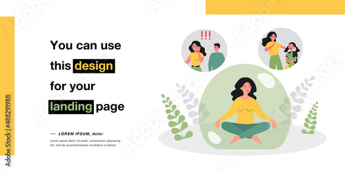 Female character relieving stress by meditating inside bubble. Woman relaxing after dealing with jealous husband and sad kid flat vector illustration. Meditation, mental health concept for banner
