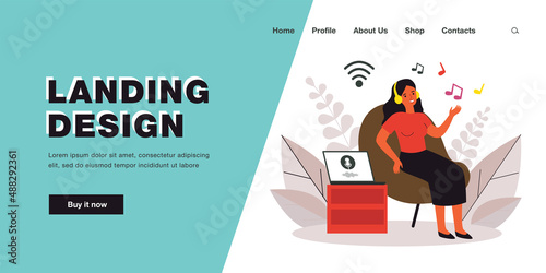 Woman listening to music from laptop in wireless headphones. Girl in chair using music service flat vector illustration. Music, technology concept for banner, website design or landing web page