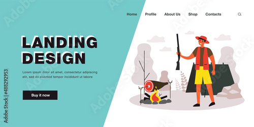 Summer adventure of hunter in hunting forest camp. Man holding gun, cooking food on fire flat vector illustration. Outdoor extreme hunting sport concept for banner, website design or landing web page