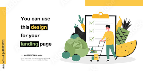 Customer buying food products with checklist. Tiny man with supermarket trolley flat vector illustration. Shopping list app for grocery store concept for banner, website design or landing web page