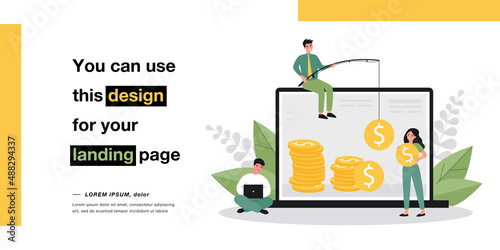 Freelancers making money online. Businessman catching cash on fishing rod, girl holding coin flat vector illustration. Freelance, remote work concept for banner, website design or landing web page