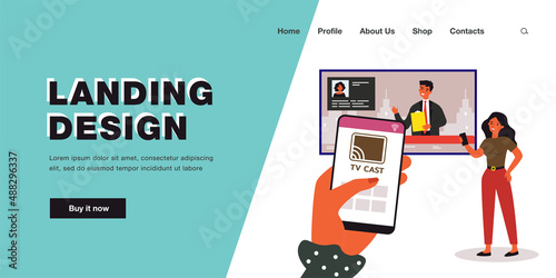 Woman connecting smartphone to television and watching news. Mobile app for casting to TV flat vector illustration. Technology, entertainment concept for banner, website design or landing web page