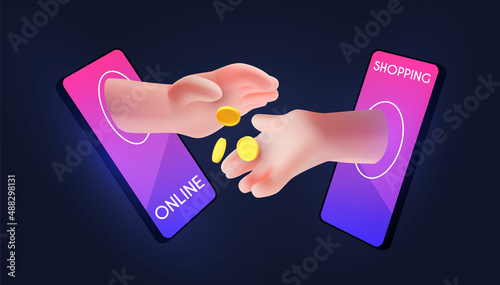 Online shopping. Digital marketing concept with shining phone and paying hand with coins.