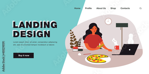 Woman cartoon character eating pizza working on computer. Busy girl studying online on laptop having Italian fast food at home. Delivery service concept. Flat vector illustration.