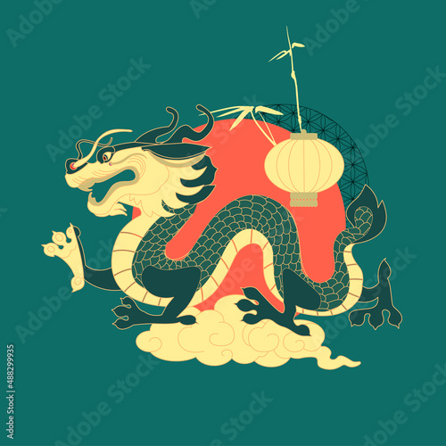 China illustration with asian dragon, lantern, bamboo, cloud and sun . Traditional Chinese style.