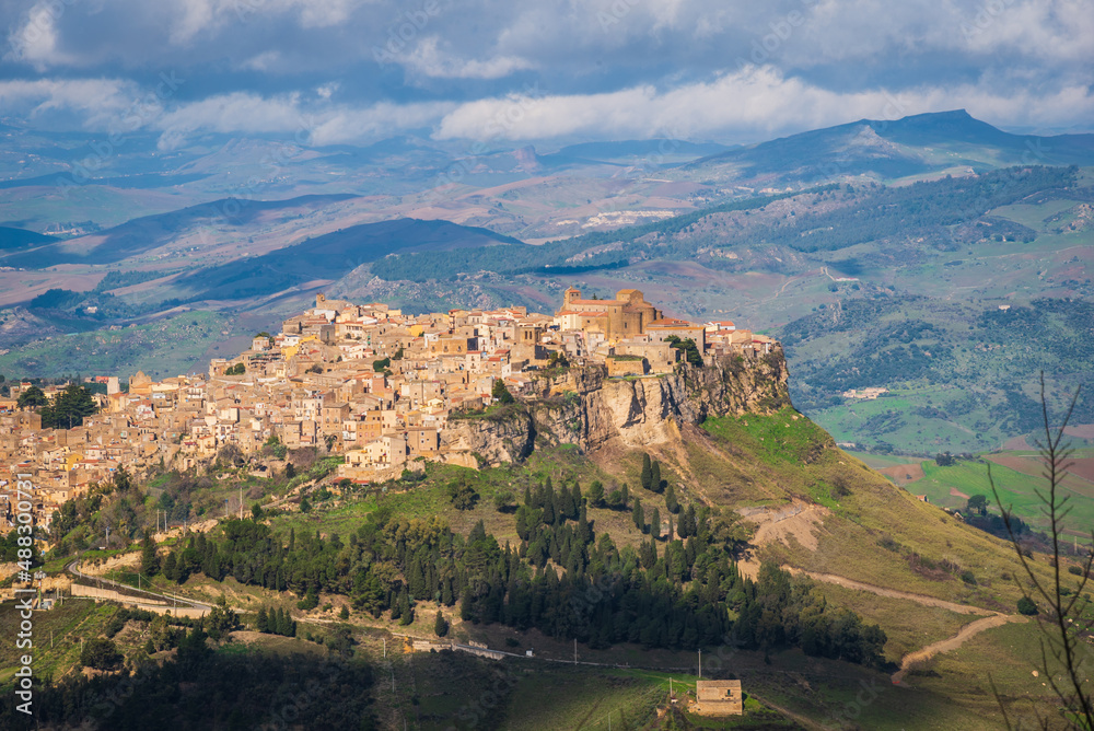 View of Calascibetta from Enna, Sicily, Italy, Europe