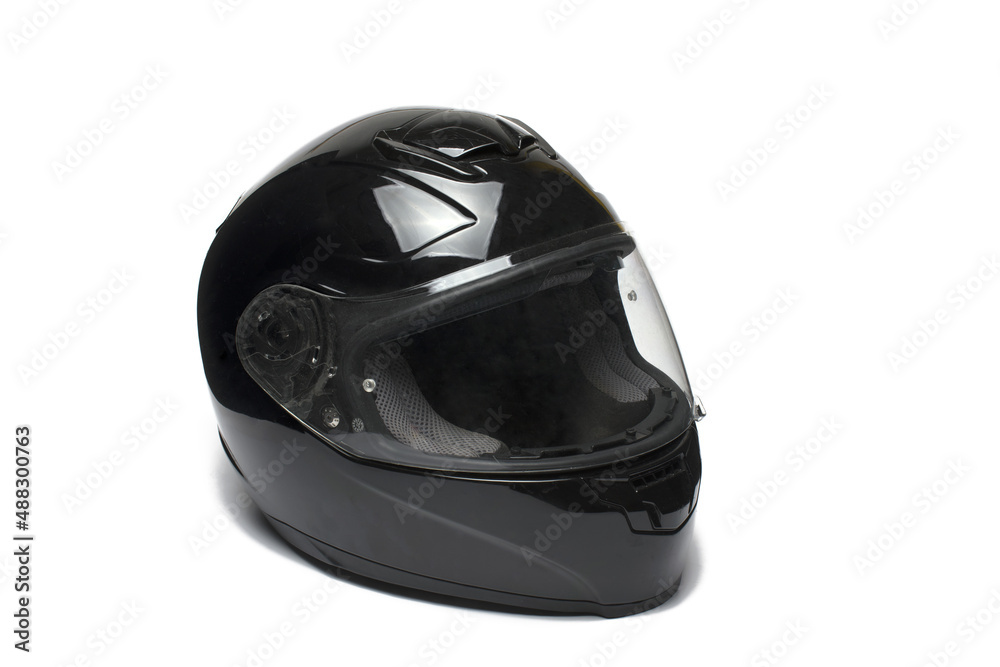Closeup black motorcycle helmet white background Closeup black motorcycle helmet white background