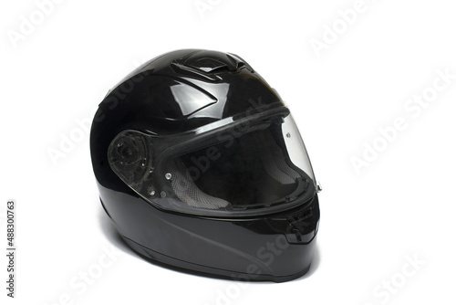 Closeup black motorcycle helmet white background