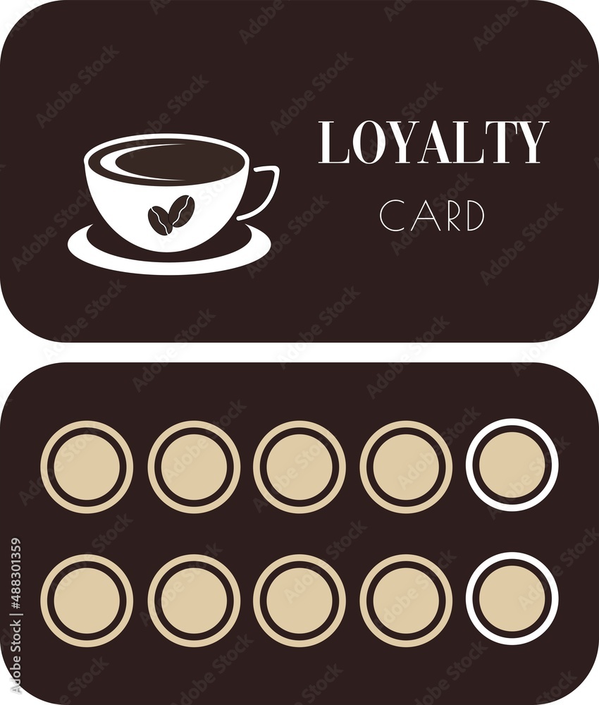 Obraz premium Loyalty coffee card template. Deep brown background.
