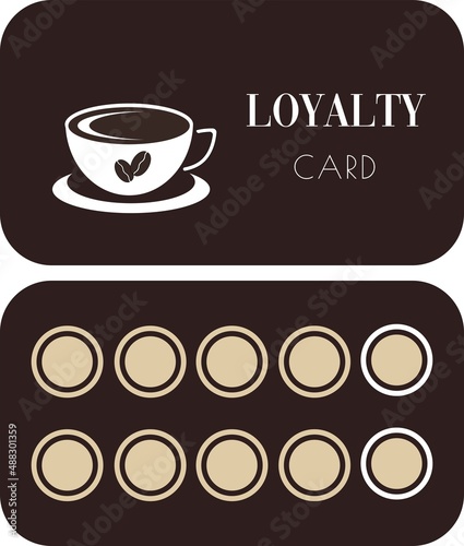 Loyalty coffee card template. Deep brown background.