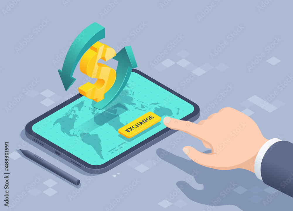 isometric vector image on a gray background, the arm of a man in a business suit reaches for a button on the tablet screen and a dollar icon with arrows, currency exchange isometric vector image on a gray background, the arm of a man in a business suit reaches for a button on the tablet screen and a dollar icon with arrows, currency exchange