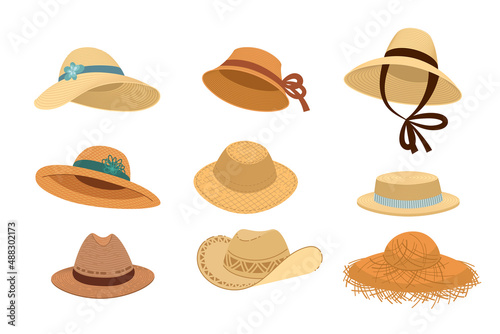 Woven straw hats vector illustrations set. Different designs of yellow hats with wide brims, clothes for farmers isolated on white background. Fashion, summer, agriculture or farming concept