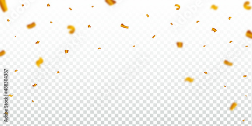 Golden party tinsel frame for a carnival background. Golden confetti falling illustration on a transparent background. Birthday celebration elements. Festival and party element confetti illustration.