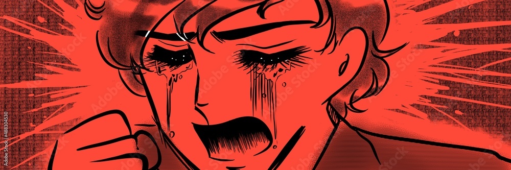 70年代少女漫画拳を握り泣き叫ぶ天然パーマのイケメン少年のイラスト Stock Illustration Adobe Stock