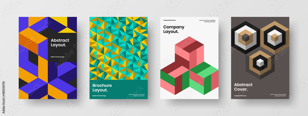 Fototapeta premium Minimalistic placard vector design template composition. Fresh mosaic pattern flyer illustration set.