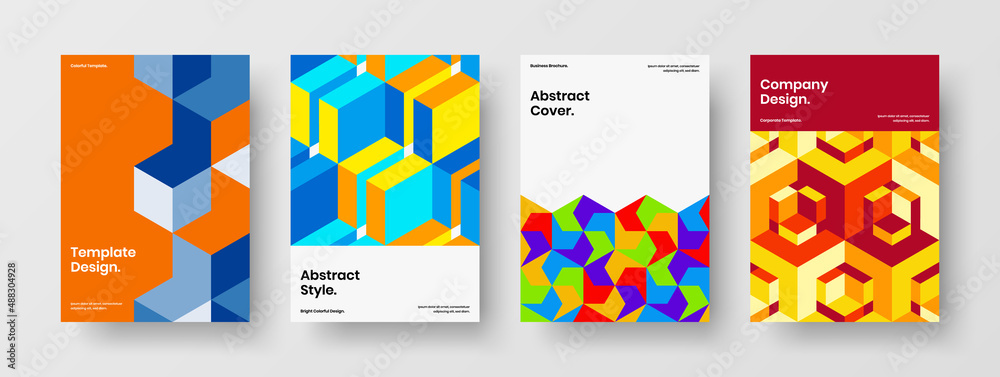 Unique geometric tiles catalog cover illustration bundle. Premium brochure A4 design vector concept set.