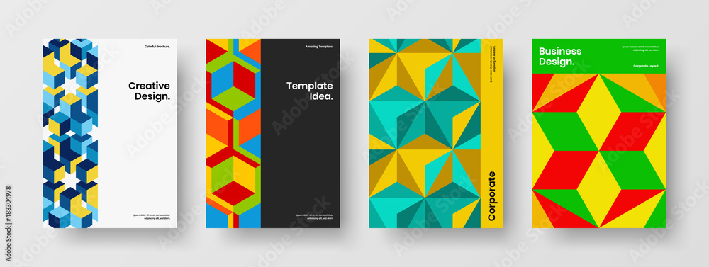 Unique mosaic pattern handbill layout composition. Isolated poster design vector template bundle.