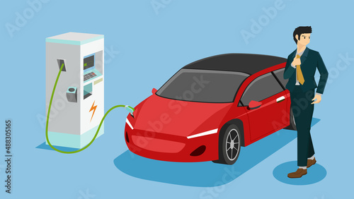 Business man with Electric Vehicle sport car charging parking at the charger station with a plug in cable.  Charging in the top side of car to battery. Isolated flat vector on blue background.