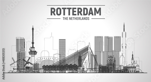 Rotterdam the Netherlands line skyline with panorama at white background. Stroke Illustration. Business travel and tourism concept with modern buildings. Image for banner or website