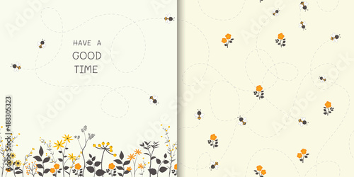 Set of cute little bees happy on the flowers garden with seamless pattern,for kid product,fashion,fabric,textile,print,banner,surface design or greeting card
