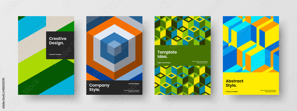 Unique leaflet A4 design vector layout collection. Multicolored mosaic hexagons company cover concept set.