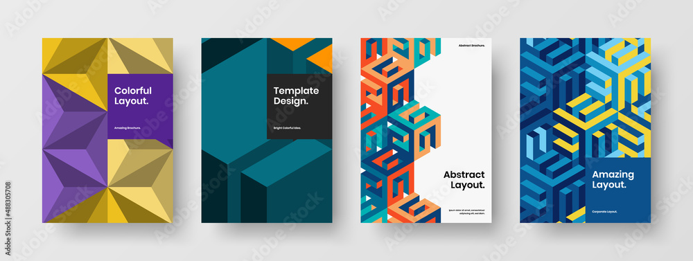 Modern front page A4 vector design illustration collection. Colorful mosaic tiles annual report concept composition.
