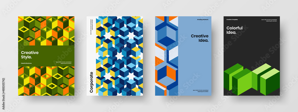 Amazing geometric tiles flyer illustration collection. Simple handbill design vector template composition.
