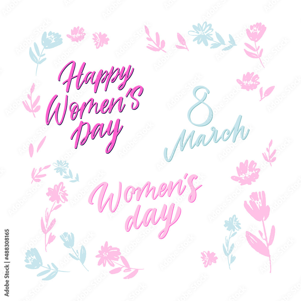 Naklejka premium Happy Women's Day Lettering with floral decor