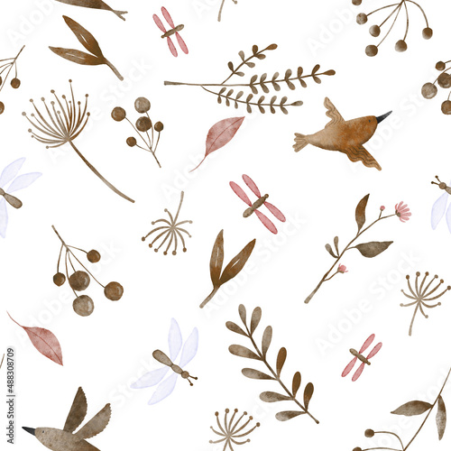 Monochrome seamless hand drawn pattern with abstract birds and branches with flowers. Scandinavian style watercolor illustration