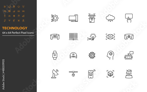set of technology line icons, vr, ar, ai, iot
