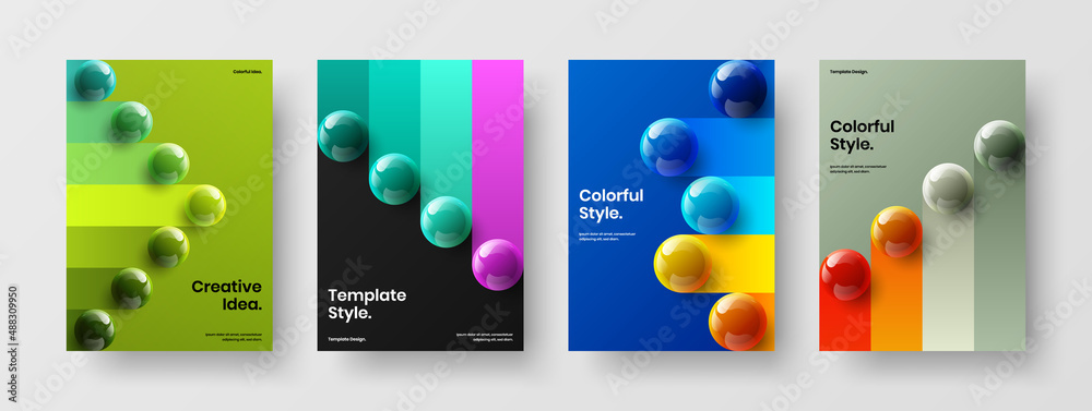 Fresh 3D balls flyer illustration set. Clean front page A4 vector design template bundle.