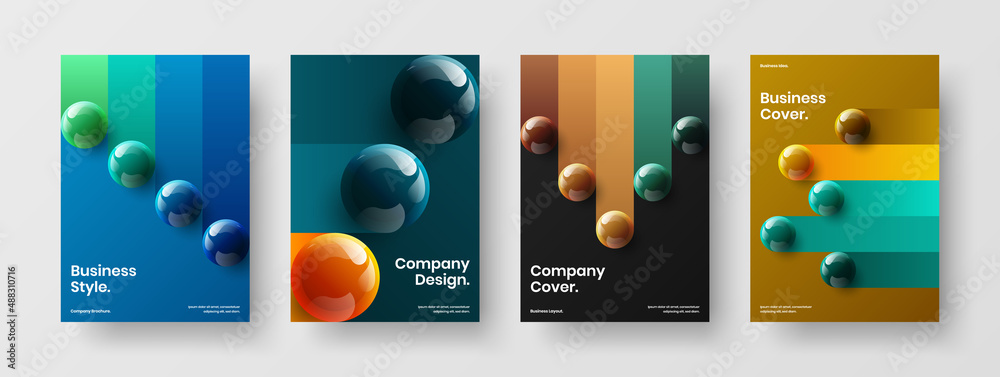 Unique realistic spheres company brochure layout collection. Trendy corporate identity A4 vector design illustration bundle.