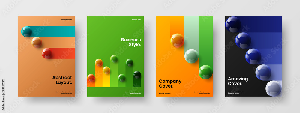 Modern realistic spheres journal cover layout set. Isolated brochure A4 vector design concept composition.