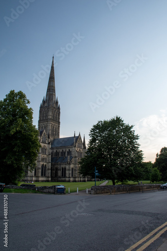 The spire of Salisbury Cathedral, Wiltshire, UK. July 2021