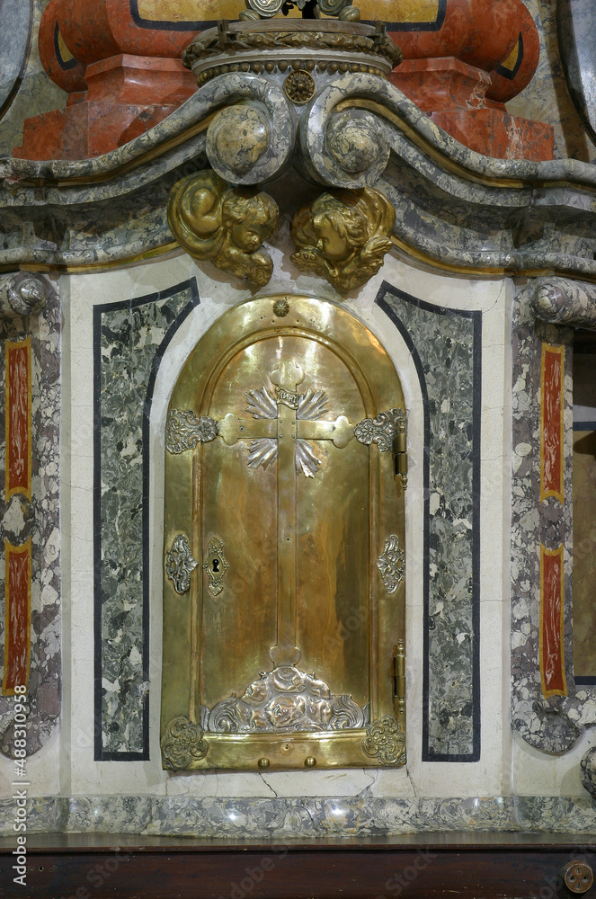 The tabernacle on the main altar in the Franciscan church of St. Francis Xavier in Zagreb, Croatia