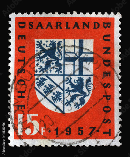 Stamp printed in Saar, Germany, shows Saar Coat of Arms, circa 1957