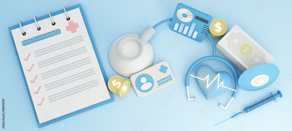 health insurance form surrounded by shields Heart shapes and hatrates and pills. First aid box and id card on pastel blue background with money, coins. 3d rendering health insurance form surrounded by shields Heart shapes and hatrates and pills. First aid box and id card on pastel blue background with money, coins. 3d rendering