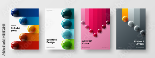 Original pamphlet A4 vector design layout bundle. Isolated 3D spheres corporate brochure template set.
