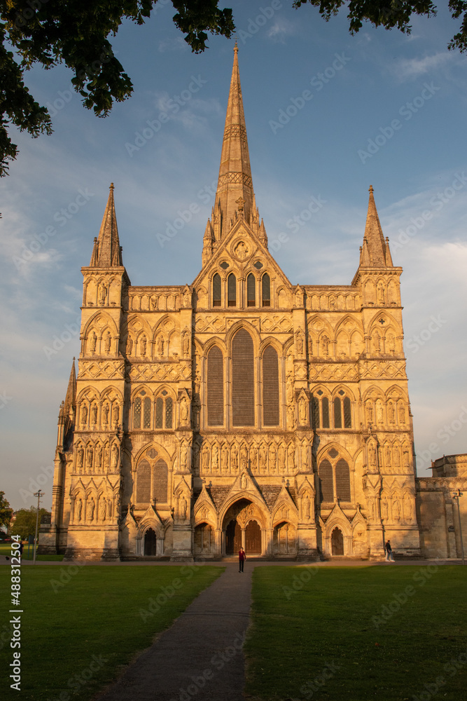 West façade of Salisbury Cathedral, Wiltshire, against a clear blue sky. July 2021 West façade of Salisbury Cathedral, Wiltshire, against a clear blue sky. July 2021