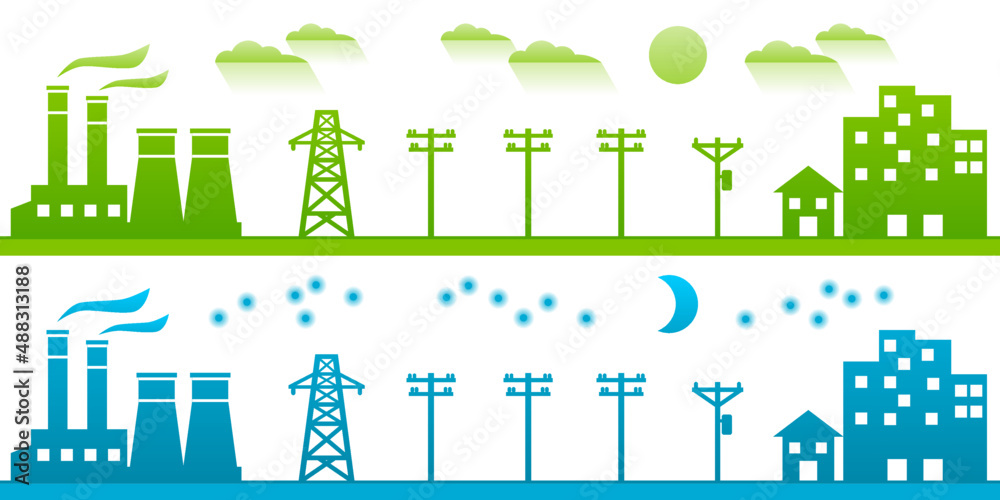 Power plant generates electricity to transmit electricity to electric poles and city in day and night home concept green blue ecology friendly on white background flat vector design.
