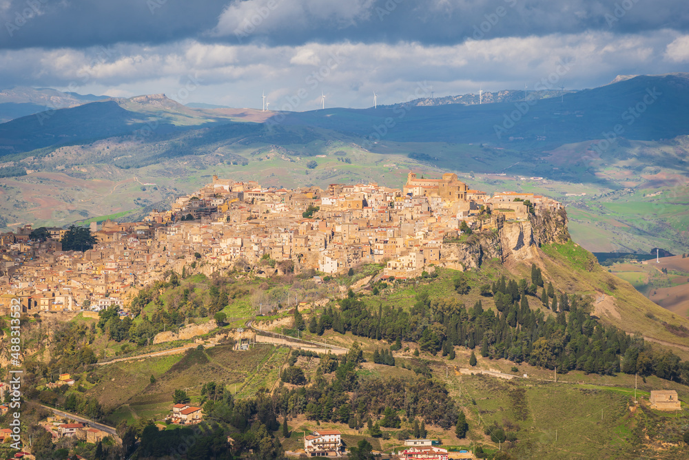 View of Calascibetta from Enna, Sicily, Italy, Europe