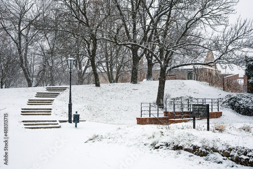 Historic fortified settlement Vyšehrad in a snowstorm